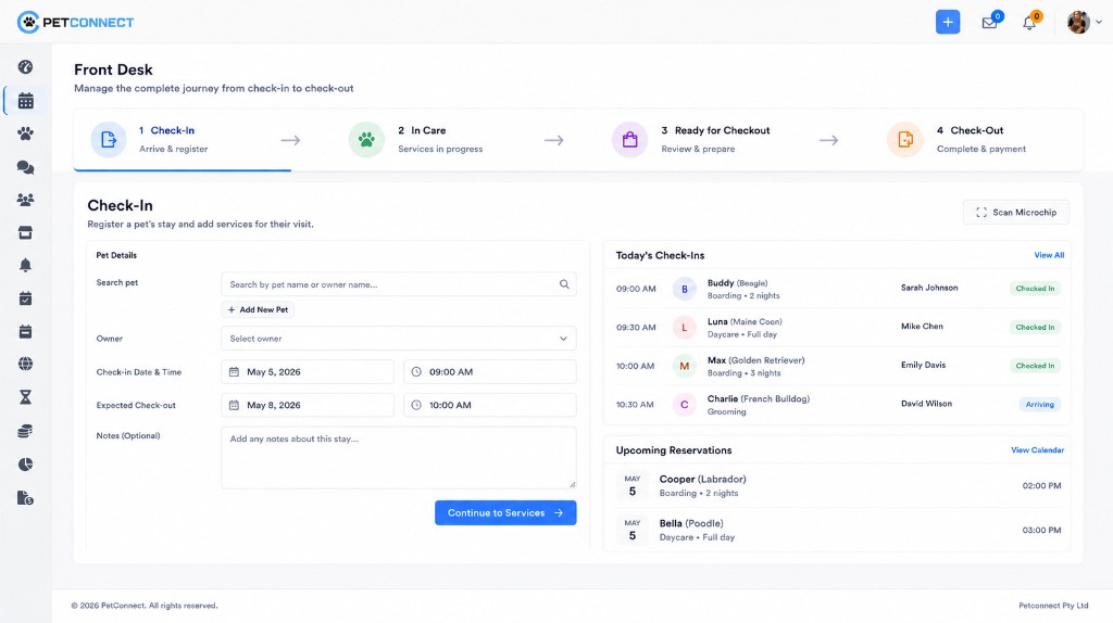 PetConnect Front Desk check-in with stepper, pet registration form, today check-ins, and upcoming reservations
