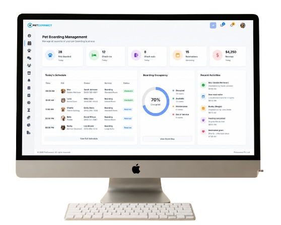 PetConnect pet boarding management dashboard with stats, today schedule, occupancy chart, and recent activity
