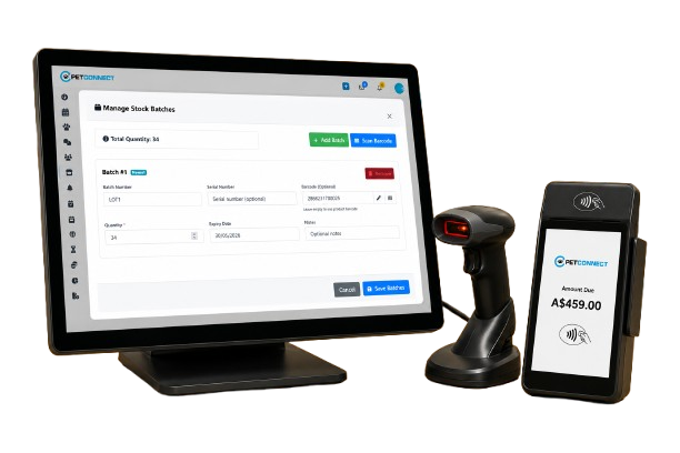PetConnect retail stock: monitor with manage stock batches, barcode scanner, and payment terminal