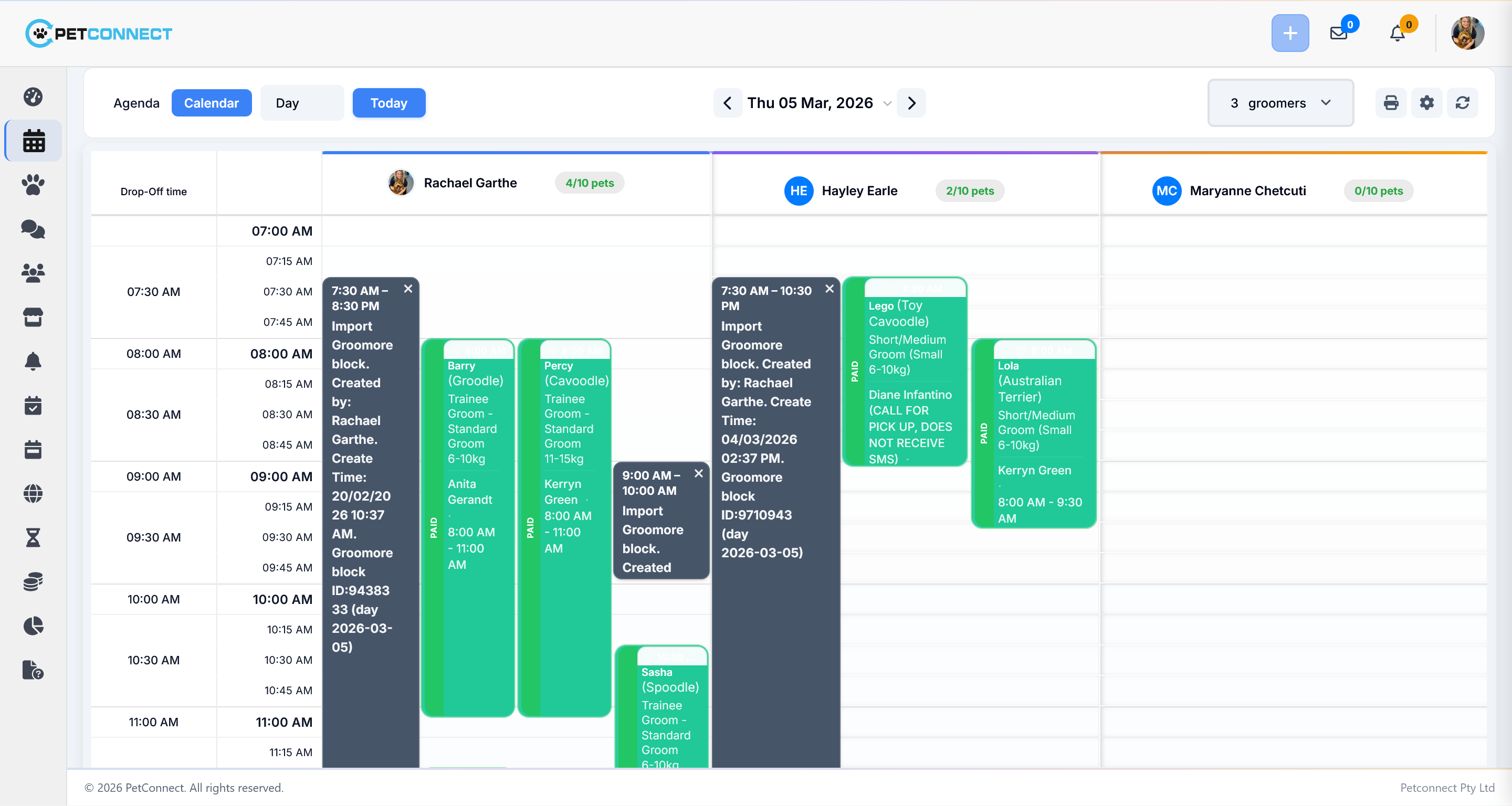 PetConnect grooming calendar — day view with groomer columns and appointments